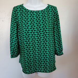 Forever 21 Green & Black Blouse Long Sleeve Triangle Print Small Chiffon Dressy